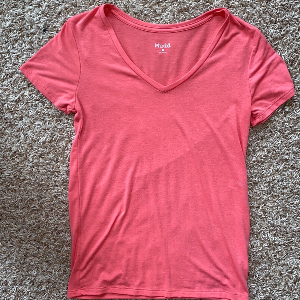 Juniors size M coral v-neck short sleeve T-shirt.